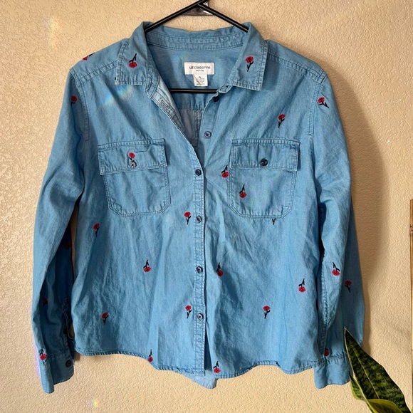 Liz Claiborne Tops - Vintage Liz Claiborne Light Blue Denim Shirt with Flower Embroider Size Petite L